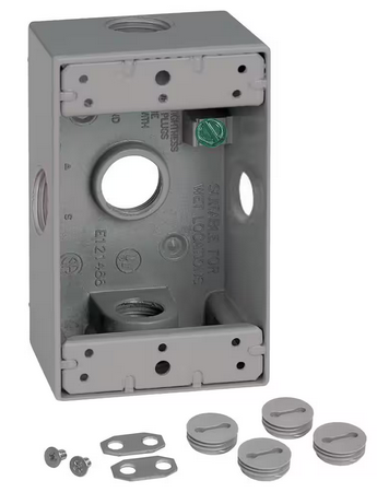 1-Gang Metal Weatherproof Side Entry Electrical Outlet Box with (5) 1/2 inch Holes, Gray - 91010180496