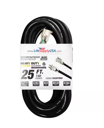 25 ft. 10-Gauge/3 Conductors SJTW Indoor/Outdoor Extension Cord with Lighted End Black (1-Pack) - 91011703107