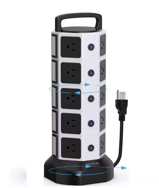 6.5 ft. Heavy-Duty Extension Cord, Surge Protector Power Strip Tower with 20 AC Outlets, 6 USB Ports - Black/White - 91010598651