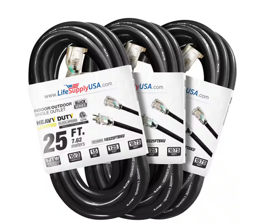 25 ft. 10 Gauge/3 Conductors SJTW Indoor/Outdoor Extension Cord with Lighted End Black (3-Pack) - 91012217836