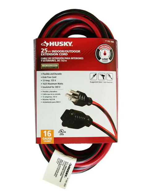 25 ft. 16/3 Medium-Duty Indoor/Outdoor Extension Cord, Red and Black - 9791980