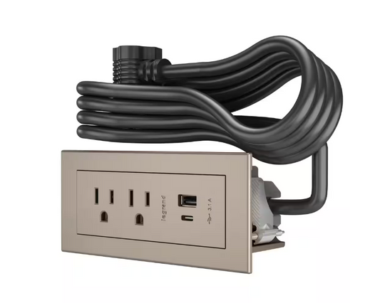 6 ft. Cord 15 Amp 2-Outlet and 2 Type A/C USB radiant Recessed Furniture Power Strip in Nickel - 91005774768