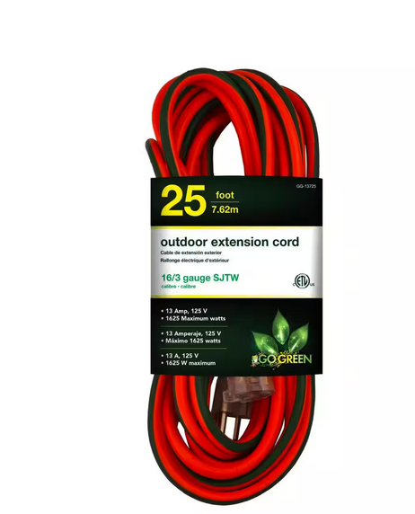 25 ft. 16/3 SJTW Outdoor Extension Cord - Orange with Lighted Green Ends - 91001271059