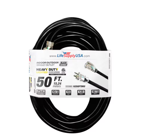 50 ft. 10-Gauge/3 Conductors SJTW Indoor/Outdoor Extension Cord with Lighted End Black (1-Pack) - 91011703115