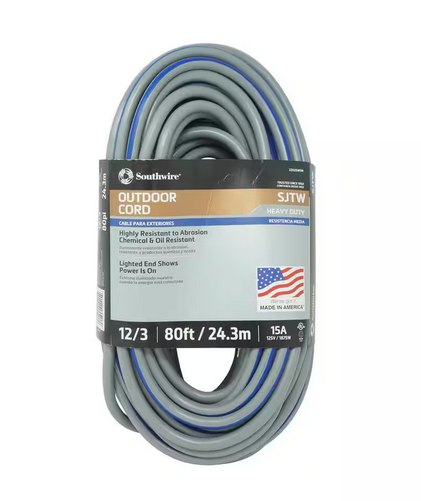 80 ft. 12/3 SJTW Outdoor Heavy-Duty Extension Cord with Power Light Plug in Gray/Navy - 91002697049