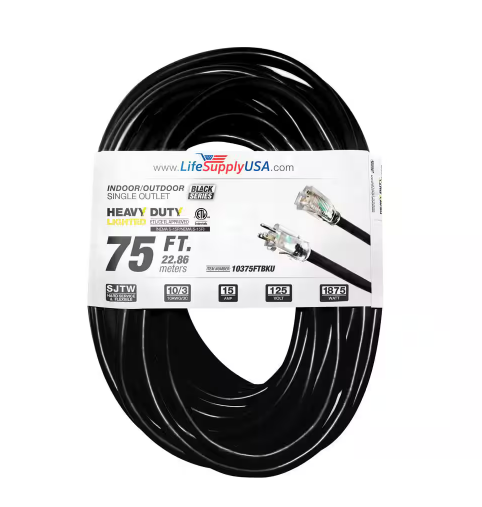 75 ft. 10-Gauge/3 Conductors SJTW Indoor/Outdoor Extension Cord with Lighted End Black (1-Pack) - 91011703124