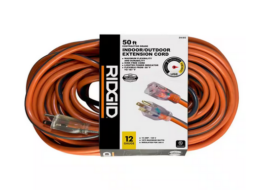 50 ft. 12/3 Heavy Duty Indoor/Outdoor Extension Cord with Lighted End, Orange/Grey - 9214012