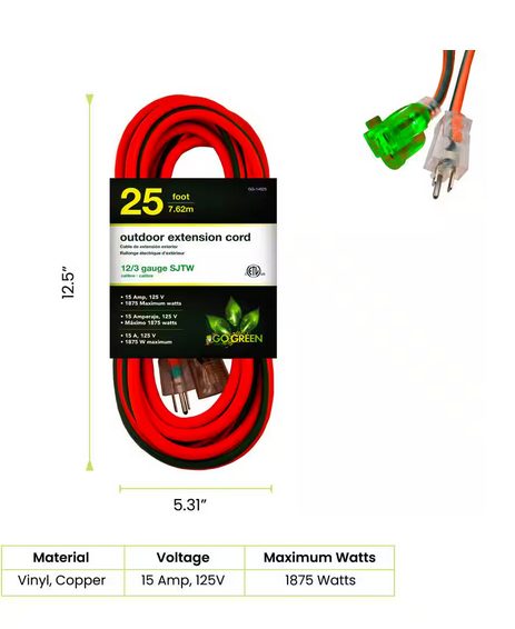 25 ft. 12/3 SJTW Extension Cord - Orange with Lighted Green End - 91001271073