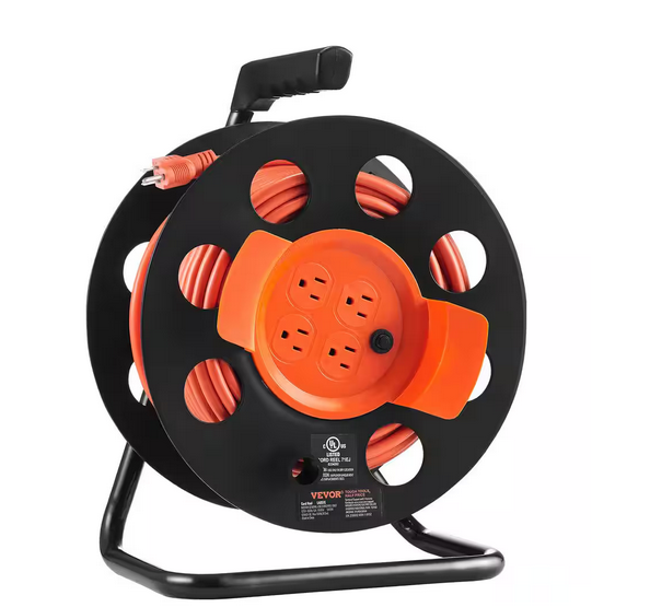 100 ft. 12AWG/3C 15 Amp Extension Cord Reel SJTOW Power Cord with 4 Outlets, Dust Cover, Circuit Breaker for Indoor - 91010598678