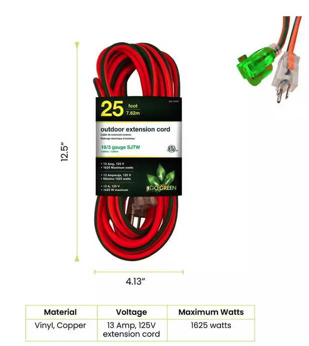 25 ft. 16/3 SJTW Outdoor Extension Cord - Orange with Green Lighted End (2-Pack)