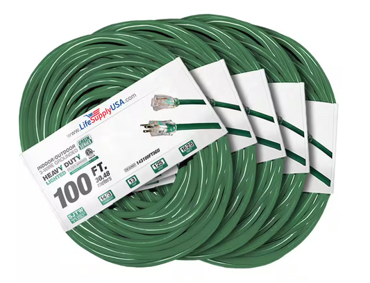 100 ft. 14-Gauge/3-Conductors SJTW 13 Amp Indoor/Outdoor Extension Cord with Lighted End Green (5-Pack) - 91012243141