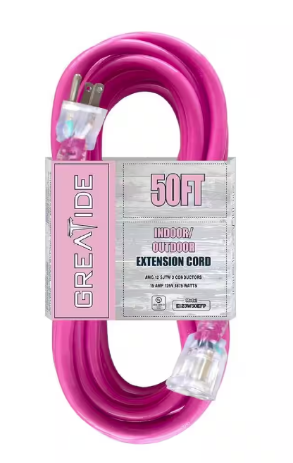 50 ft. 12/3 Heavy Duty Outdoor Extension Cord with 3 Prong Grounded Plug-15 Amps Power Cord Pink - 91010997075