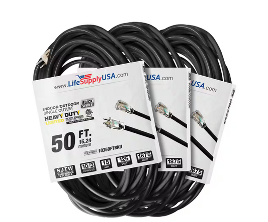 50 ft. 10 Gauge/3 Conductors SJTW Indoor/Outdoor Extension Cord with Lighted End Black (3-Pack) - 91012221093