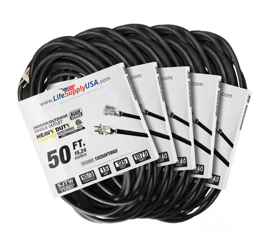 50 ft. 10-Gauge/3-Conductors SJTW Indoor/Outdoor Extension Cord with Lighted End Black (5-Pack) - 91012243671