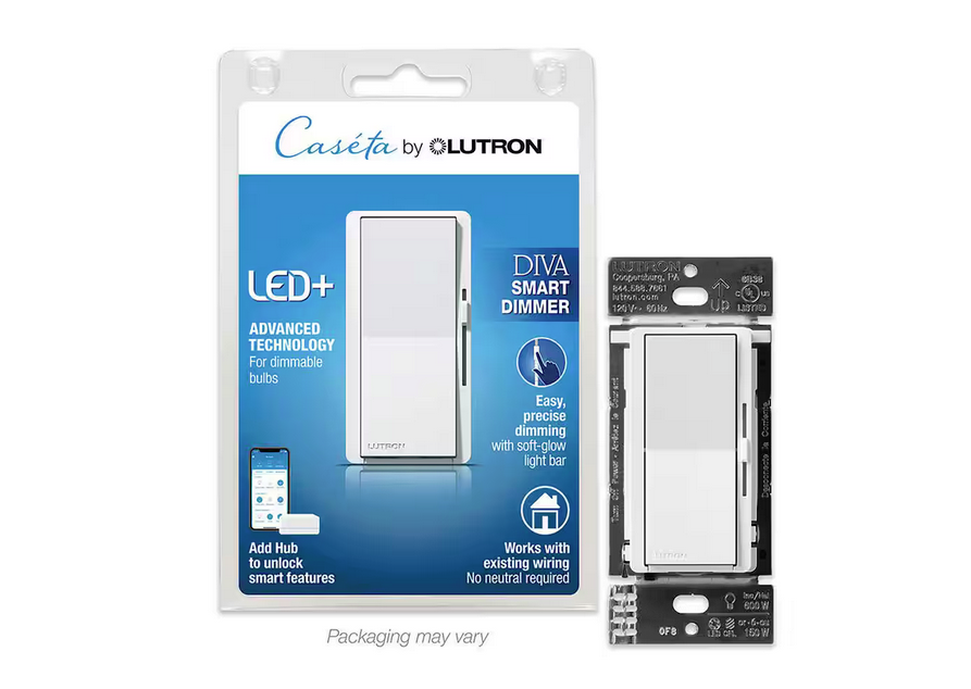 Diva Smart Dimmer Switch for Caseta Smart Lighting, 150-Watt LED, White (DVRF-6L-WH-R) - 91008057486