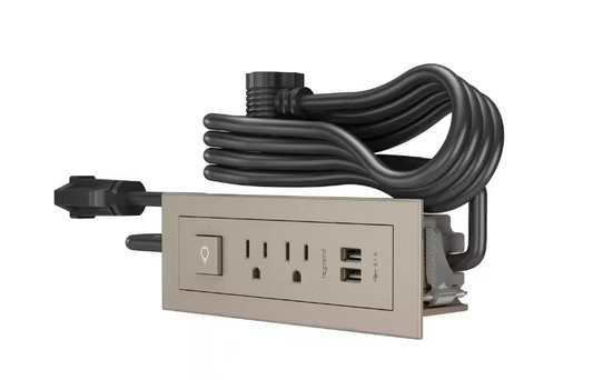 6 ft. Cord 15 Amp 2-Outlet, Switch and 2 Type A USB radiant Recessed Furniture Power Strip in Nickel - 91005774652