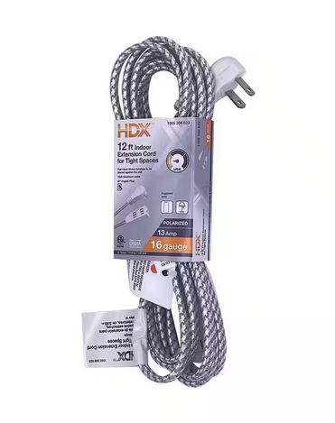 12 ft. 16/2 Light Duty Indoor Braided Tight Space Extension Cord, Grey/White - 91005358523