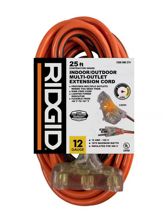 25 ft. 12/3 Heavy Duty Indoor/Outdoor Extension Cord with Tritap Lighted End, Orange/Grey - 91008996274