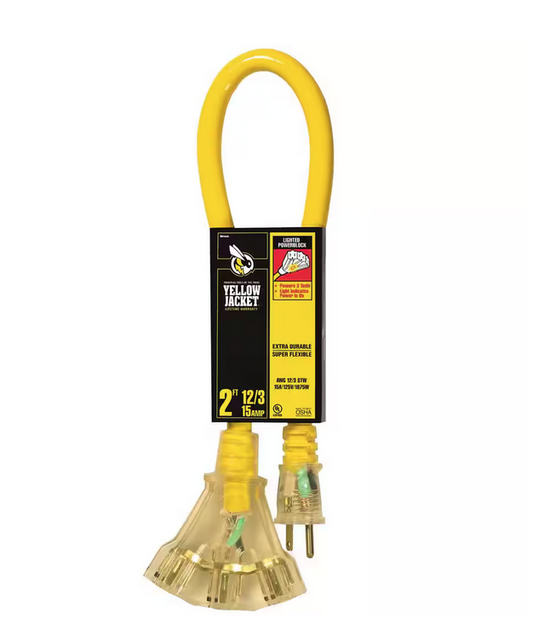 2 ft. 12/3 SJTW Multi-Outlet 3-Outdoor Heavy-Duty Contractor Adapter Extension Cord with Power Light Block Yellow - 91002757127