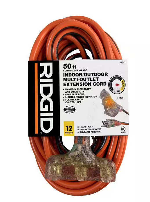 50 ft. 12/3 Heavy Duty Indoor/Outdoor Extension Cord with Tritap Lighted End, Orange/Grey - 9165271