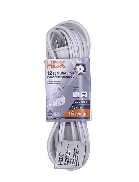 12 ft. 16/2 Light Duty Indoor Extension Cord, White - 9145033