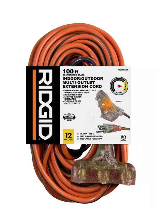 100 ft. 12/3 Heavy Duty Indoor/Outdoor Extension Cord with Tritap Lighted End, Orange/Grey - 91009045738