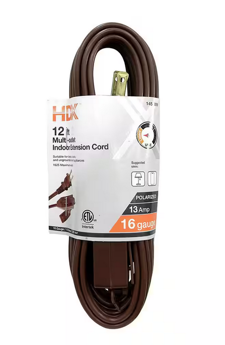 12 ft. 16/2 Light Duty Indoor Extension Cord, Brown - 9145009