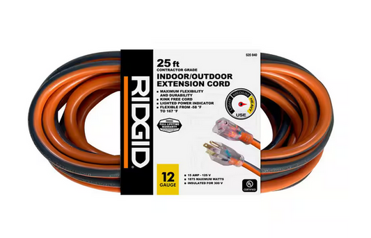 25 ft. 12/3 Heavy Duty Indoor/Outdoor Extension Cord with Lighted End, Orange/Grey - 9520840