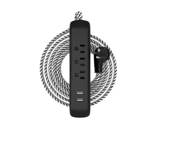 15 ft. 16/3 3 Outlet, 2 USB Braided Extension Cord in Black and White - 91005453796