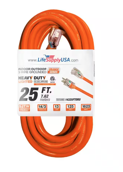 25 ft. 14-Gauge/3 Conductors SJTW 15 Amp Indoor/Outdoor Extension Cord with Lighted End Orange (1-Pack) - 91011843057