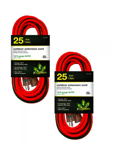 25 ft. 12/3 SJTW Outdoor Extension Cord - Orange with Green Lighted End (2-Pack)