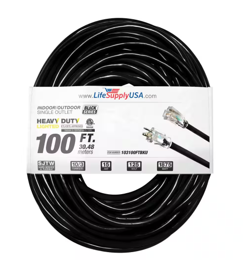 100 ft. 10-Gauge/3 Conductors SJTW Indoor/Outdoor Extension Cord with Lighted End Black (1-Pack) - 91011703133