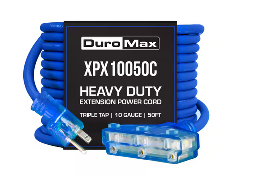 50 ft. 10/3 SJEOOW 15 Amp 120-Volt 1875-Watt Indoor/Outdoor -58° F - 221° F Triple Tap Blue Lighted Extension Power Cord - 91011829847