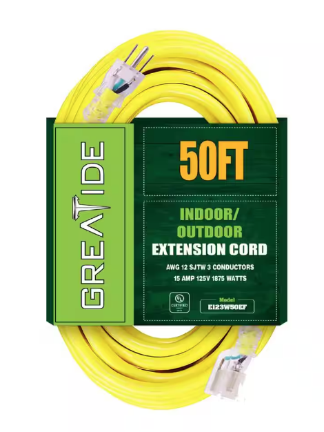 50 ft. 12/3 Heavy Duty Outdoor Extension Cord with 3 Prong Grounded Plug-15 Amps Power Cord Yellow - 91010997078