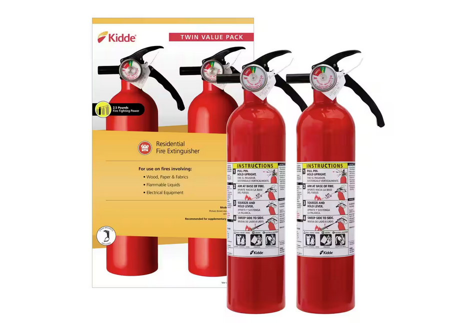 Basic Use Fire Extinguisher with Easy Mount Bracket & Strap, 1-A:10-B:C, Dry Chemical, One-Time Use, 2-Pack - 91002763583