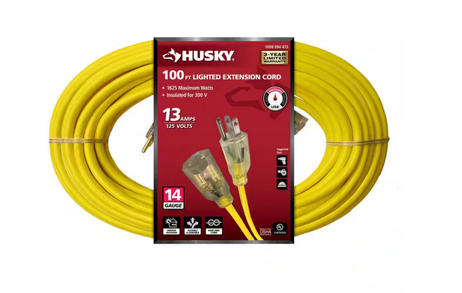 100 ft. 14/3 Medium Duty Indoor/Outdoor Extension Cord with Lighted End, Yellow - 91008994473