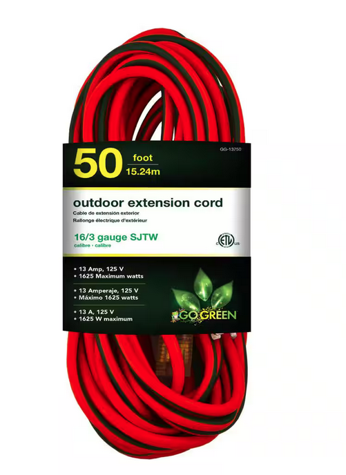 50 ft. 16/3 SJTW Outdoor Extension Cord - Orange with Lighted Green Ends - 91001271065