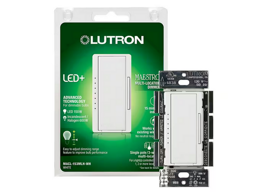 Maestro LED+ Dimmer Switch for Dimmable LED Bulbs, 150W/Single-Pole or Multi-Location, White (MACL-153MH-WH) - 9739664