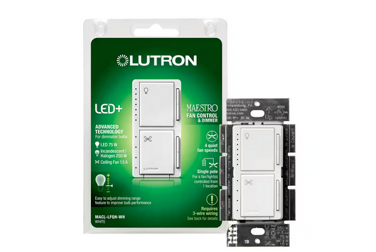 Maestro Fan Control and Light Dimmer for Dimmable LED and Incandescent Bulbs, 75W/Single-Pole, White (MACL-LFQH-WH)