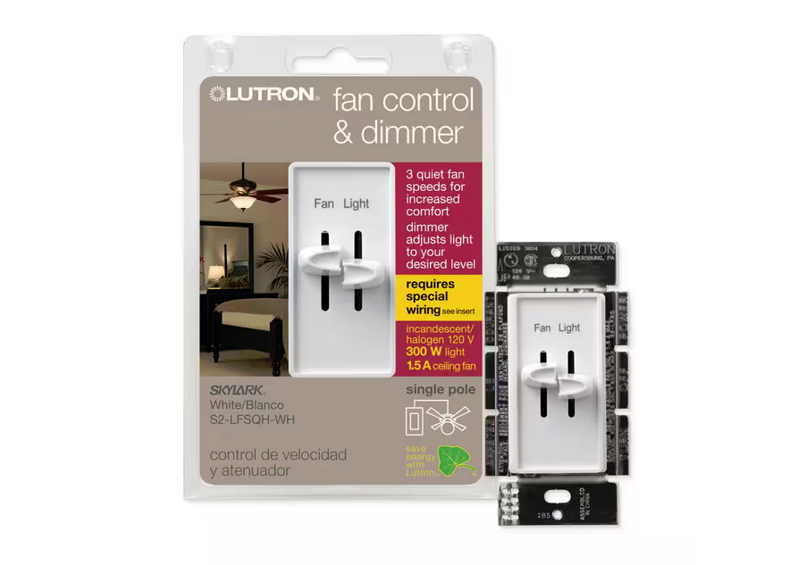 Skylark Combination Fan and Light Control, 3-Speed, 1.5 Amp Fan/300W Incandescent, Single-Pole, White (S2-LFSQH-WH) - 9799280