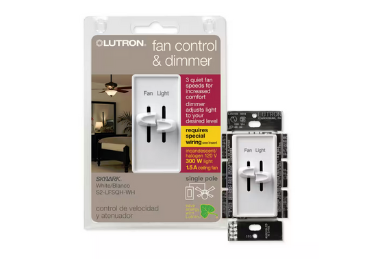 Skylark Combination Fan and Light Control, 3-Speed, 1.5 Amp Fan/300W Incandescent, Single-Pole, White (S2-LFSQH-WH) - 9799280