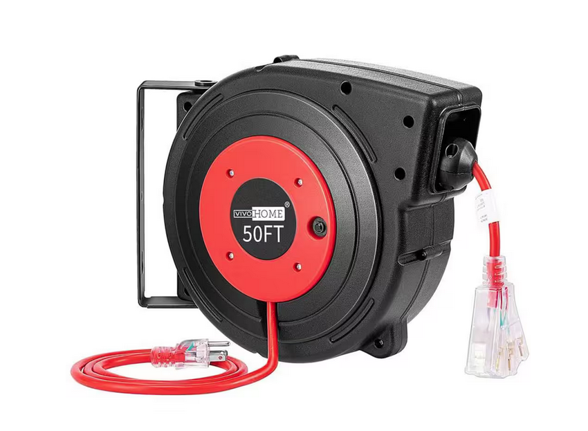 50 ft. Retractable Cord Reel with Ceiling Wall Mount Swivel Bracket and LED Light Connector - 91006127136