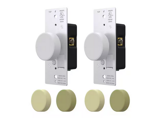 Rotary Dimmer Switch with Night Indicator Light, Push On/Off, Single Pole/ 3-Way, White/Ivory/light Almond (2-Pack) - 91006608238