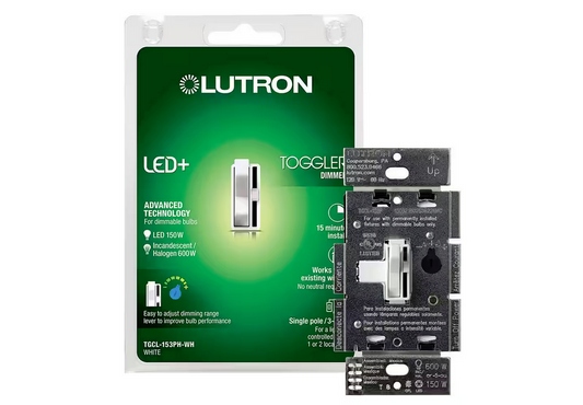 Toggler LED+ Dimmer Switch for Dimmable LED and Incandescent Bulbs, 150W LED/Single-Pole or 3-Way, White (TGCL-153PH-WH) - 9527401