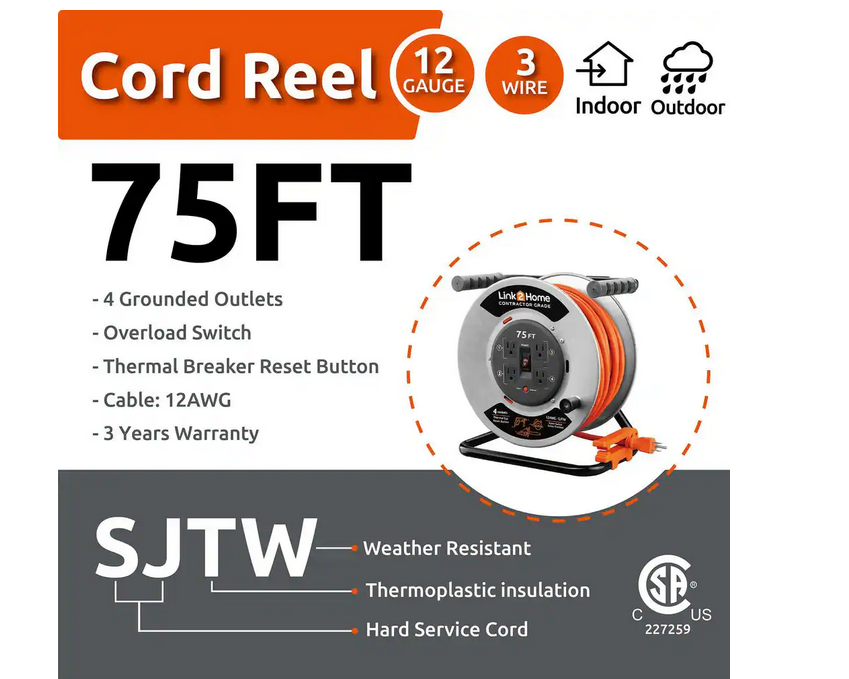 75 ft. 12/3 Extension Cord Storage Reel with 4 Grounded Outlets and Overload Protection - 91005525232