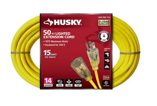 50 ft. 14/3 Medium Duty Indoor/Outdoor Extension Cord with Lighted End, Yellow - 91008994722