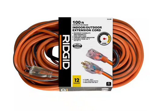 100 ft. 12/3 Heavy Duty Indoor/Outdoor Extension Cord with Lighted End, Orange/Grey - 9214026