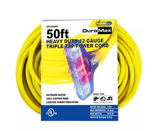 50 ft. 12 Gauge Portable Generator Triple Tap Extension Power Cord - 91002671869