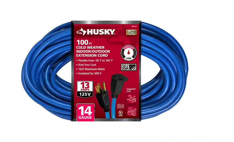 100 ft. 14/3 Medium Duty Cold Weather Indoor/Outdoor Extension Cord, Blue