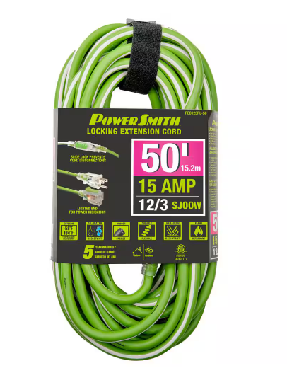 50 ft. 12/3 AWG Rubber Jacket 15 Amp Heavy-Duty Indoor/Outdoor Locking Extension Cord, Green - 91011723738